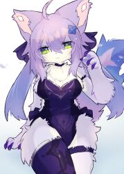 1girls 2023 big_breasts breasts cat_ears cat_girl cat_tail claws cute feline female female_only flower_in_hair furry furry_only green_eyes lilac_body lilac_fur looking_at_viewer navel_visible_through_clothes pawpads purple_hair simple_background spommmm stockings tail wholesome