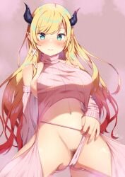 areola_slip blush hololive hololive_gen_2 hololive_japan huge_breasts looking_at_viewer nipple_slip parted_lips pubic_hair pulling_clothing smile spread_legs squatting succubus virgin_destroyer_sweater virtual_youtuber yuzuki_choco