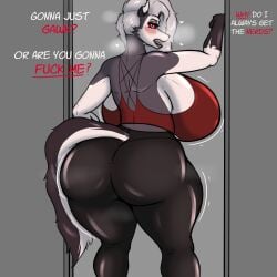 anthro big_ass big_breasts breasts bubble_butt dialogue english_dialogue english_text fur furry hellhound helluva_boss huge_ass huge_breasts jigglephysics loona_(helluva_boss) nerd tagme text thick_thighs white_body white_fur wide_hips