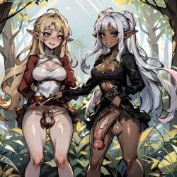 2futas ai_coomer ai_generated ai_hands assisted_exposure balls big_penis blonde_hair blush caged_cock chastity chastity_cage chastity_device dark-skinned_futanari dark_elf elf elf_ears elf_futanari embarrassed embarrassed_nude_futa exposure female flaccid forest futanari gray_hair green_eyes half-erect large_penis light-skinned_futanari light_skin long_hair looking_at_viewer medium_breasts open_mouth outdoors outside penis penis_size_comparison penis_size_difference pointy_ears purple_eyes self_exposure self_upload silver_hair skirt skirt_lift skirt_lifted_by_another small_penis small_penis_humiliation smile smug stable_diffusion standing sweat testicles