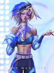 1girls akali artist_request clothed clothing drinking face_tattoo female hi_res highres k/da_akali k/da_all_out_akali k/da_all_out_series k/da_series league_of_legends multicolored_hair ring smoking smoking_weed solo solo_female stomach stomach_tattoo tattoo tattoo_on_arm tattoo_on_belly tattoo_on_chest tattooed_arm tattoos