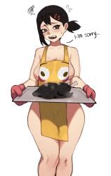 1girls apron apron_only armwear black_eyes black_hair blush blushing_emoji breasts burnt_food chainsaw_man emoji emoji_(race) female female_only flushed_emoji flushed_emoji_shirt gloves hair_ornament higashiyama_kobeni hips meme_attire naked_apron red_gloves samma9 solo solo_female sweat sweatdrop thighs yellow_apron