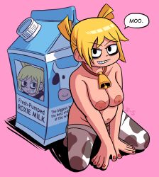 1girls bell bell_collar black_eyes blonde_hair chubby cow_print cow_print_thighhighs cowbell female hair_bun kneeling legwear milk nail_polish nude nude_female number_2s pubic_hair red_nails roxanne_richter scott_pilgrim short_hair solo solo_female stockings thighhighs