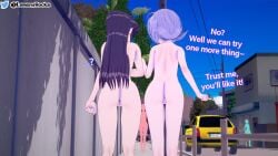 2girls 2others 3d 3d_(artwork) anus ass ass_focus back back_view car collarbone completely_nude completely_nude_female completely_nude_females confidently_naked day daytime dialogue embarrassed embarrassed_nude_female enf english english_dialogue english_text exhibitionism exhibitionist female female/female female_focus flat_chest hourglass_figure koikatsu komi-san_wa_komyushou_desu komi_shouko lemonyrocka nude nude_female nude_females nudist osana_najimi outdoors outside public public_nudity pussy rule_63 street yuri