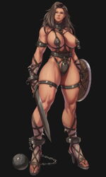 1girls abs big_breasts breasts brown_hair chains chastity chastity_belt cleavage dark-skinned_female dark_skin fantasy female female_chastity female_only huge_breasts human human_only large_breasts medieval muscles muscular muscular_female oc open_toe_shoes original_character shield solo sword thick_thighs wide_hips xxoom