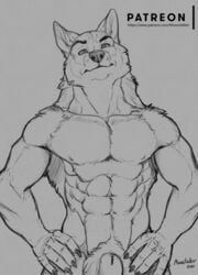 2020 abs animal_genitalia canid canine canis fully_sheathed genitals hands_on_hips looking_at_viewer male male_only mammal monochrome moonstalker_(character) richard_foley sheath sketch solo text url wolf