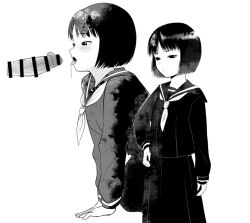 1boy black_serafuku black_skirt blush bob_cut censored disembodied_penis drooling female from_side funnyaka greyscale hand_on_own_hip imminent_fellatio leaning_forward long_skirt moire monochrome neckerchief original penis precum sailor_collar saliva school_uniform serafuku simple_background skirt solo_focus straight tongue tongue_out white_background