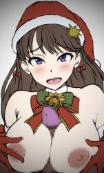 1boy 1girls blush bow bowtie breasts censored christmas fujishima_megumi gloves hairbow la2vai large_ass link!_like!_love_live! looking_at_viewer love_live! mosaic_censoring nipples open_mouth paizuri penis santa_hat