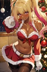 ai_generated bangs bleach blonde_hair breasts brown_skin christmas christmas_outfit cleavage dark_skin female gal gloves gradient_hair gyaru gyaru_gal hat long_hair merry_christmas midriff multicolored_hair nail_polish navel pantyhose pink_eyes pink_tip sack santa santa_costume santa_hat side_ponytail skirt slutty_costume slutty_santa small_nose solo stable_diffusion tanned thighhighs unstable_diffusion yayahara_yuyu yuyu_haya