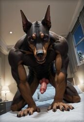 ai_generated all_fours anthro aurugy bed canid canine canis claws detailed dobermann domestic_dog erection furniture furry genitals hi_res imminent_sex inside knotted leaning leaning_forward looking_at_viewer low-angle_view male mammal muscular muscular_male night on_bed penis photorealism photorealistic pinscher realistic solo