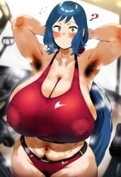 1girls ? ai_generated armpit_fetish armpit_hair armpits arms_up belly belly_button big_breasts blue_hair breasts bursting_breasts confusion female female_armpit_hair gloopai green_eyes gundam gundam_build_fighters gym gym_clothes hairy hairy_armpits huge_breasts iori_rinko looking_at_viewer mature_female nai_diffusion nipples nipples_visible_through_clothing smelly_armpits solo sports_bra sportswear steam steaming_body sweat sweatdrop sweating venus_body