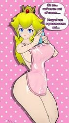 1girls 3d apron blonde_hair blue_eyes bottle breasts cream cream_on_apron crown dialogue english_text female female_only kk_guyyy koikatsu long_hair looking_at_viewer mario_(series) naked_apron pink_background princess_peach sideboob simple_background solo speech_bubble squeezing_bottle standing tagme text