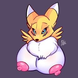 1:1 2020 anthro areola big_breasts blue_eyes breasts canid digimon digimon_(species) female female_only fur hi_res huge_breasts looking_at_viewer mammal nic-m-lyc nipples nude renamon solo white_body white_fur yellow_body yellow_fur