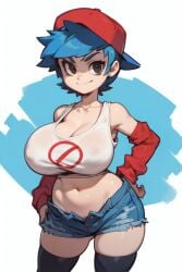 1girls ai_generated arm_warmers backwards_baseball_cap big_breasts black_eyes blue_hair boyfriend_(friday_night_funkin) breasts cleavage collarbone creamballz denim_shorts female female_boyfriend_(friday_night_funkin) friday_night_funkin genderswap_(mtf) hand_in_pocket hands_on_hips huge_breasts large_breasts looking_away midriff mystical_(style) navel rule_63 short_hair shorts shortstack simple_background smug solo tank_top thighhighs tomboy