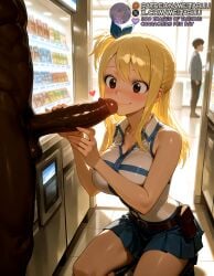 2boys ai_generated bare_arms bare_shoulders belt blonde_hair blue_skirt blush boots breasts brown_belt brown_eyes closed_mouth collared_shirt dark-skinned_male dark_skin erection fairy_tail female hair_ribbon heart imminent_fellatio indoors interracial kneeling large_breasts large_penis long_hair looking_at_penis lucy_heartfilia male_pubic_hair meitabuu miniskirt multiple_boys nude one_side_up penis penis_awe pleated_skirt pouch pubic_hair ribbon shirt sidelocks skirt sleeveless sleeveless_shirt smile solo_focus squatting straight testicles tile_floor uncensored veins veiny_penis vending_machine white_shirt