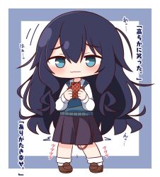 100_kanojo black_hair black_skirt blue_background blue_eyes blush brown_footwear cellphone chibi closed_mouth collared_shirt egg_vibrator female full_body hair_between_eyes hana_kazari highres holding holding_phone kimi_no_koto_ga_dai_dai_dai_dai_daisuki_na_100-nin_no_kanojo loafers long_hair long_sleeves looking_at_viewer phone pleated_skirt puffy_long_sleeves puffy_sleeves sex_toy shirt shoes skirt socks solo standing sweater_vest the_100_girlfriends_who_really_really_really_really_really_love_you translation_request two-tone_background very_long_hair vibrator wavy_mouth white_background white_shirt white_socks wholesome yoshimoto_shizuka