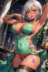 ai_generated armpit belly_button belly_button_visible_through_clothing bodycon candle candlestick dark_skin detailed_background dress gal green_dress green_eyes gundam gundam_suisei_no_majo gyaru gyaru_gal heart_earrings hylian_r34 one_arm_up secelia_dote self_upload short_hair silver_hair tagme thick_thighs thighhighs thong tight_clothes tight_clothing tight_dress tight_fit unstable_diffusion white_hair