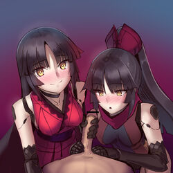 1boy 2girls bangs bar_censor bare_shoulders black_choker black_hair blush boa_(brianoa) breasts censored chestnut_mouth choker closed_mouth dark-skinned_male dark_skin double_handjob dual_persona eyebrows_visible_through_hair fate/grand_order fate_(series) ffm_threesome gradient gradient_background handjob happy highres interracial japanese_clothes joints katou_danzou_(fate) light-skinned_female light_skin long_hair looking_at_penis looking_at_viewer medium_breasts multiple_girls nose_blush obi parted_bangs parted_lips penis ponytail pov precum purple_background sash smile straight symbol-shaped_pupils threesome yellow_eyes