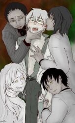 abel abram adam ayin_(lobotomy_corporation) benjamin_(lobotomy_corporation) black_hair fivesome green_eyes guchiyama hand_holding lobotomy_corporation project_moon saliva tagme tongue_kiss white_hair yaoi yellow_eyes