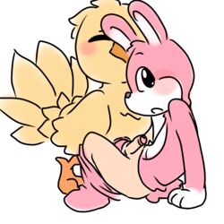 1:1 anthro avian bird blush chocobo clothed clothing digital_media_(artwork) everybodys_golf fan_character feral final_fantasy genitals hi_res lagomorph leporid looking_at_viewer looking_back male male/male mammal muffinlewds pants_down partially_clothed penetration penis rabbit simple_background square_enix video_games young