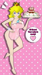 1girls 3d apron barefoot blonde_hair blue_eyes bottle_between_breasts breasts cake cleavage cream cream_on_body cream_on_breasts dialogue english_text feet female female_only food full_body holding_cake kk_guyyy koikatsu long_hair looking_at_viewer mario_(series) naked_apron pink_background princess_peach simple_background solo speech_bubble standing tagme text