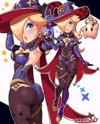 alternate_costume ass breasts clothed clothing cosplay crossover female female_only genshin_impact hat luma mario_(series) mona_(genshin_impact)_(cosplay) nintendo princess_rosalina sarukaiwolf solo super_mario_galaxy tagme