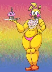 2020 animatronic beak belly belly_button bib cupcake digital_media_(artwork) five_nights_at_freddy's five_nights_at_freddy's_2 midriff naval panties pink_panties plate purple_eyes qoolguyart rosy_cheeks stomach thick_thighs thighs toy_chica_(fnaf) yellow_body