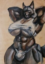 abs anthro big_breasts breasts bulge canid canine canis clothing dixxbedru domestic_dog female flexing genitals gynomorph happy herm hi_res intersex mammal muscular muscular_anthro muscular_female oil_painting_(artwork) painting_(artwork) panties penis solo traditional_media_(artwork) underwear