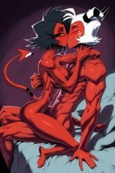 1boy 1girls 2demons abs ai_generated ass bare_arms bare_breasts bare_legs bare_shoulders bare_thighs big_ass big_breasts big_butt big_penis black_hair breasts color demon demon_girl demon_horns demon_tail female fit_female gigiti helluva_boss hi_res imp kissing large_breasts looking_pleasured male male/female male_penetrating millie_(helluva_boss) moxxie_(helluva_boss) muscles muscular muscular_female muscular_male nude nude_female penetration penile_penetration penis_in_pussy pleasure_face pussy red_body red_skin sex short_hair thick_thighs vaginal_penetration white_hair