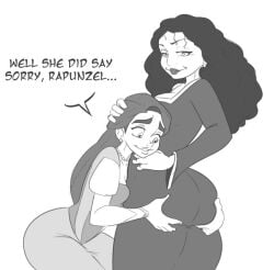 2girls disney grabbing_ass greyscale klassyarts_(artist) milf mother_gothel queen_arianna tangled text yuri