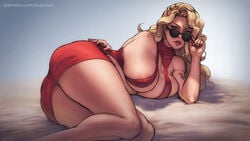 1girls adjusting_eyewear adjusting_glasses ass blonde_hair breasts cleavage curvaceous female female_only golden_boy huge_ass huge_breasts human kupocun large_breasts light-skinned_female light_skin long_hair looking_at_viewer looking_over_eyewear looking_over_glasses madame_president onna_shachou solo sunglasses thick_thighs tinted_eyewear wide_hips