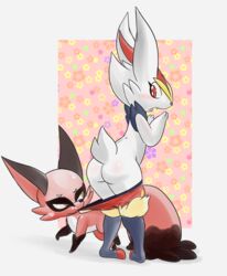 2019 ambiguous_gender anthro anthrofied ass assisted_exposure big_ears blush bottomwear buckteeth canine cinderace clothed clothing duo embarrassed feral fox fur furry hi_res lagomorph lkiws looking_back male mammal nickit nintendo open_mouth pants_down pantsing partially_clothed pokémon_(species) pokemon pokemon_ss predator/prey shorts shorts_down size_difference surprise thick_thighs undressing video_games white_border white_fur wide_hips