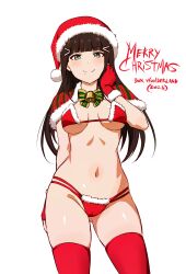 1girls bell blush bowtie box_wonderland breasts cameltoe capelet christmas gloves hair_ornament kurosawa_dia looking_at_viewer love_live! love_live!_sunshine!! micro_bikini mole mole_under_mouth navel red_bikini santa_bikini santa_hat smile standing thighhighs