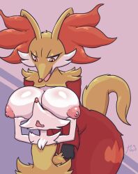 anthro areola big_breasts braixen breasts delphox duo female fur generation_6_pokemon hand_on_breast hi_res larger_female nineka nintendo nipples open_mouth open_smile pokémon_(species) pokemon pokemon_(species) red_body red_fur size_difference smile yellow_body yellow_fur