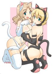 2girls ass blonde_hair blue_eyes breasts cosplay darjeeling darkstalkers eyebrows eyebrows_visible_through_hair felicia_(cosplay) girls_und_panzer kay_(girls_und_panzer) large_breasts mouth_open simple_background tagme uonathereminvox