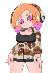 1girls big_breasts blush bra breasts camouflage cleavage headphones hi_res hoodie light_skin looking_at_viewer makino_nono nintendo octoling octoling_girl oni_wasabi_(makino_nono) orange_hair pink_eyes shorts solo splatoon splatoon_(series) splatoon_3 sports_bra thick_thighs thighs