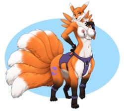 accelo blush bondage bondage bound breasts canid canid_taur canine canine_taur collar digimon digimon_(species) female harness kohak kohaku_sunwalker mammal mammal_taur multi_tail nipple_chain renamon sex_toy solo taur vibrator