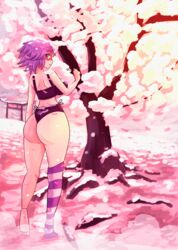 big_ass blue_eyes cherry_blossoms lollipop purple_hair rosario+vampire shirayuki_mizore stockings striped_legwear