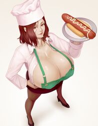 1girls big_breasts breasts cleavage female female_only from_above full_body hot_dog huge_breasts ictiwinter large_breasts looking_at_viewer massive_breasts materclaws round_breasts simple_background solo solo_female unbuttoned_shirt viewed_from_above