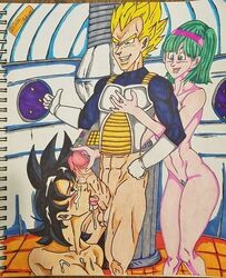 1boy 2girls 5_fingers alien armor balls big_penis black_eyes black_hair blonde_hair blue_eyes blushing bottomless bulma_briefs bulma_briefs_(frieza_saga) cleavage colored completely_nude cum cum_in_hair cum_on_body cum_on_chest cum_on_face cum_on_hair cum_on_upper_body cumshot dark_hair dragon_ball dragon_ball_z embarrassed facial fellatio female female_goku female_pubic_hair femsub gloves green_hair hair hairband hand_on_penis human humanoid interspecies kneeling large_penis licking licking_penis long_penis male maledom medium_hair mouth_open multiple_girls no_bra no_panties no_underwear nude nudity open_eyes open_mouth oral oral_sex penis penis_on_face princeadam pubic_hair rule_63 saiyan sex shirt simple_background smirk smirking son_goku standing straight super_saiyan teeth testicles thick_penis threesome tongue tongue_out topless traditional_media_(artwork) uncensored vegeta veiny_penis