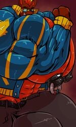 3:5 anthro balls belt big_balls big_bulge big_muscles big_penis bobert bottomwear bulge canid canine canis clothing eyewear fierglief_(character) flexing genitals glasses grin hi_res huge_balls huge_bulge huge_cock huge_muscles hyper hyper_balls hyper_bulge hyper_genitalia hyper_muscles hyper_penis jacket looking_at_viewer male male_only mammal muscular nipple_piercing nipples pants penis piercing smile topwear wolf