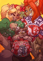 1girls 2019 2futas 5_fingers absurd_res amber_eyes anthro atryl balls beverage big_breasts bite biting_lip biting_own_lip blonde_hair blue_eyes blush bodily_fluids boon_digges bottomless breasts brown_hair canid canine canis christmas claws clothed clothing digital_media_(artwork) domestic_dog ear_piercing ear_ring eyelashes facial_piercing female fingers fish foreskin futa_with_female futanari genital_fluids genitals group gynomorph gynomorph/female hair hi_res holding_cup holding_object holidays humanoid_penis hyaenid intersex intersex/female mammal marine mistletoe nipple_outline non-mammal_breasts nose_piercing nose_ring open_mouth penis piercing plant precum red_hair savannah_(saxa) self_bite shark signature smile spotted_hyena sweater sylla_lowe text tongue tongue_out topwear uncut yellow_eyes