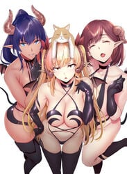 1animal 3girls animal animal_on_head armpit_crease bare_shoulders black_gloves black_legwear black_shorts blue_eyes breasts choker clavicle cleavage closed_eyes criss-cross_halter dark_skin demon_girl demon_horns demon_tail elbow_gloves eyebrows eyebrows_visible_through_hair feline female gentsuki gloves groin halter_top halterneck hand_on_hip hand_up high_resolution highleg horns large_breasts latex latex_gloves leg_up lily_(gentsuki) long_hair looking_at_viewer maha_(gentsuki) micro_shorts mini_wings mole mole_under_eye multiple_girls navel official_art on_head open_mouth parted_lips pointed_ears ponytail purple_hair revealing_clothes shachiku_succubus_no_hanashi sheth_(gentsuki) shorts simple_background stomach succubus tail thick_eyebrows thighhighs thighs tied_hair two_side_up viewed_from_above white_background