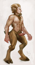 1male balls beard boner brown_eyes brown_fur brown_hair erection hairy_balls hooves horn humanoid male male_only nude penis plantigrade_feet pointed_ears red-dog satyr solo tail thick_penis veiny_penis white_background