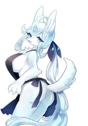 1girls anthro apron big_ass big_breasts blue_eyes blue_hair canine claws cute female fluffy fluffy_hair fluffy_tail fox fur furry looking_at_viewer mammal open_mouth panties sbi_arki tongue tongue_out