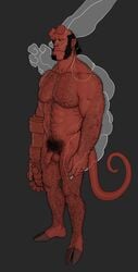 body_hair cloven_hooves dark_horse demon flaccid full_body hairy hellboy hellboy_(series) male male_focus male_only nude penis pubic_hair red_skin smagma smoking solo solo_male style_imitation yellow_eyes