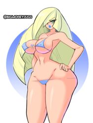 1girls abs aether_foundation alternate_breast_size alternate_outfit armpits big_ass big_breasts bigmoneyjugs blonde_hair blue_bikini blue_lipstick cleavage eye_contact eyelashes green_eyes hair_over_one_eye huge_ass human human_only long_hair looking_at_viewer lusamine_(pokemon) micro_bikini milf mother nintendo nipples pokemon pokemon_sm pose solo text thick_thighs twitter_username underboob url watermark white_background wide_hips