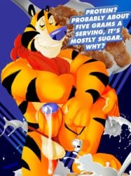 anthro ascot balls blue_nose bodily_fluids cereal cereal_box cereal_mascot clothing crossed_arms digital_media_(artwork) erection eyebrows felid food frosted_flakes fur genital_fluids genitals handkerchief hi_res humanoid_penis kellogg's looking_at_viewer male male_only mammal mascot milk muscular muscular_male pantherine pecs penis raised_eyebrow skittleytwix smile solo stripes tiger tony_the_tiger yellow_eyes