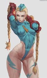 1girl 1girls ahoge alternate_costume arms_up blonde_hair blue_eyes blue_hat blue_leotard braid cammy_white curvaceous curves cutesexyrobutts elbow_gloves female female_only female_solo fingerless_gloves garrison_cap gloves green_eyes hat high_resolution highleg highleg_leotard hips huge_ass leotard long_hair long_sleeves military_hat muscle muscular_back muscular_female pov red_gloves ribbed_leotard scar shiny shiny_skin shirt solo street_fighter street_fighter_alpha sweater tied_hair toned turtleneck twin_braids very_long_hair wedgie wide_hips