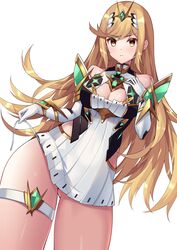 1girls ass_visible_through_thighs bangs bare_shoulders blonde_hair breasts cleavage cleavage_cutout dress elbow_gloves eol_9 eyebrows_visible_through_hair female female_only from_below gem gloves headpiece highres hikari_(xenoblade_2) jewelry long_hair looking_at_viewer medium_breasts mythra nintendo simple_background solo swept_bangs thigh_strap thighs tiara white_background xenoblade_(series) xenoblade_chronicles_2 yellow_eyes